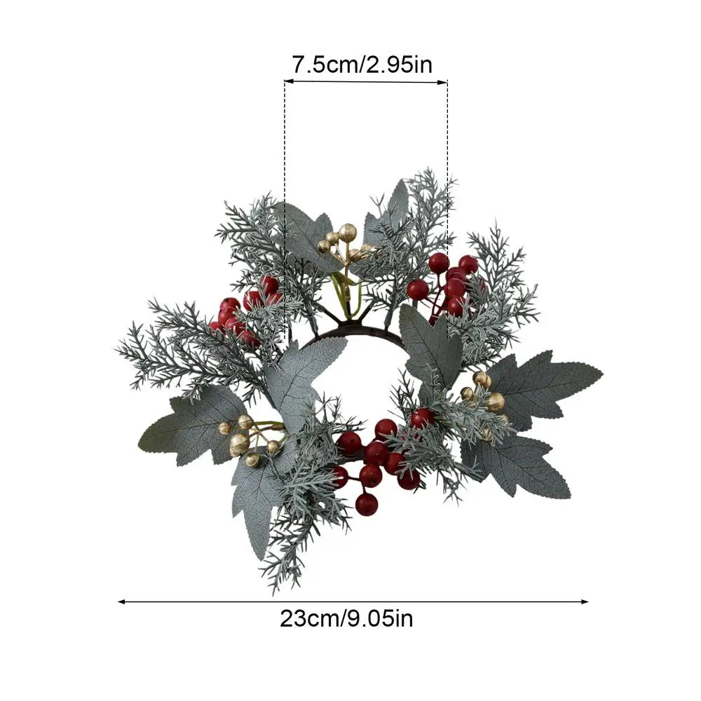 Corona de candelabro navideño, guirnalda de bayas artificiales, anillo de vela, decoración de mesa navideña, corona de hojas falsas para candelabro