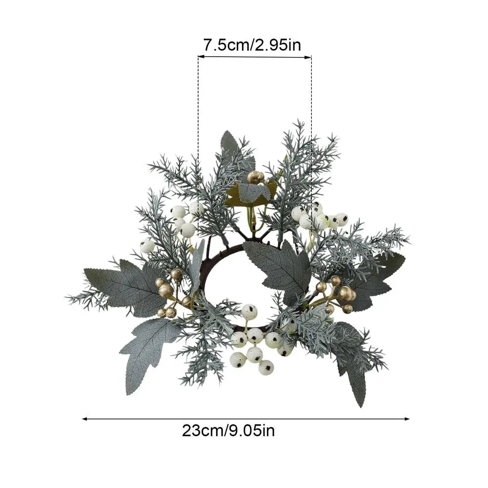 Corona de candelabro navideño, guirnalda de bayas artificiales, anillo de vela, decoración de mesa navideña, corona de hojas falsas para candelabro