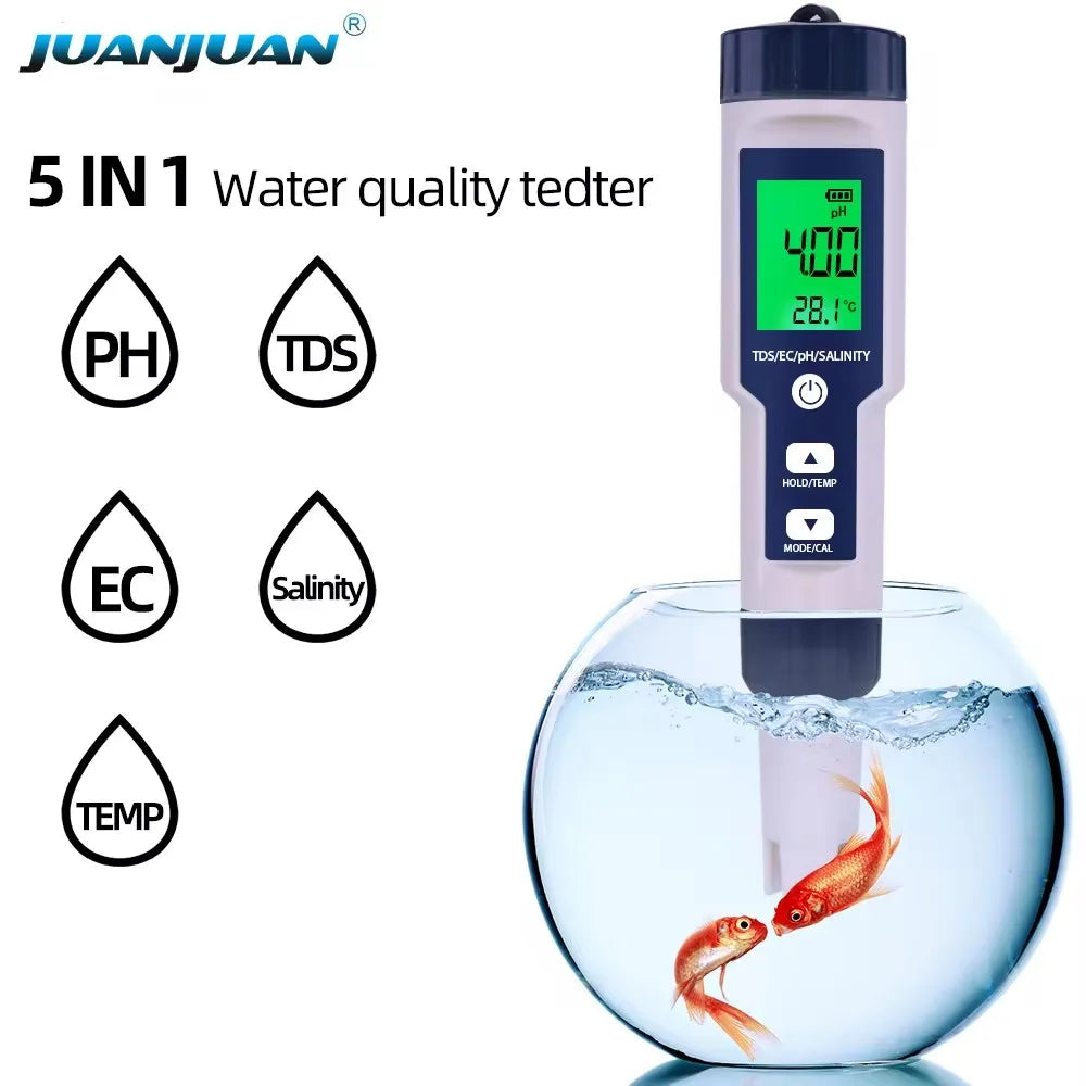 5 IN 1 PH, Temperature, TDS, EC, Salinity Testing Digital Waterproof Meter With Automatic Calibration Function