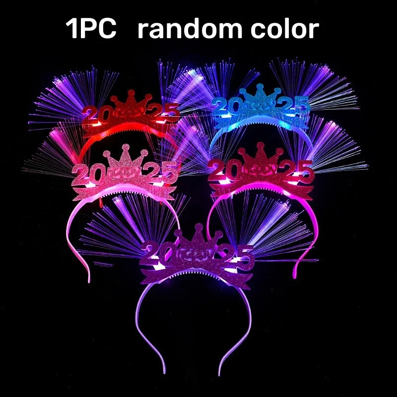 1 diadema con luz LED para Año Nuevo 2025, lazo, corona, aro para el pelo, banda para el pelo intermitente, accesorios para fotos para fiestas de Nochevieja de Navidad