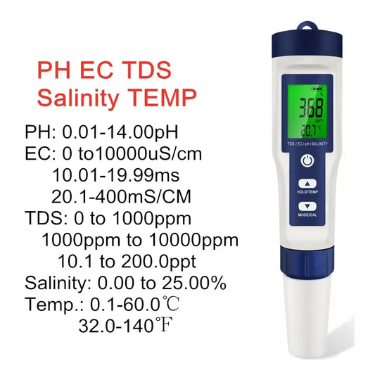 5 IN 1 PH, Temperature, TDS, EC, Salinity Testing Digital Waterproof Meter With Automatic Calibration Function