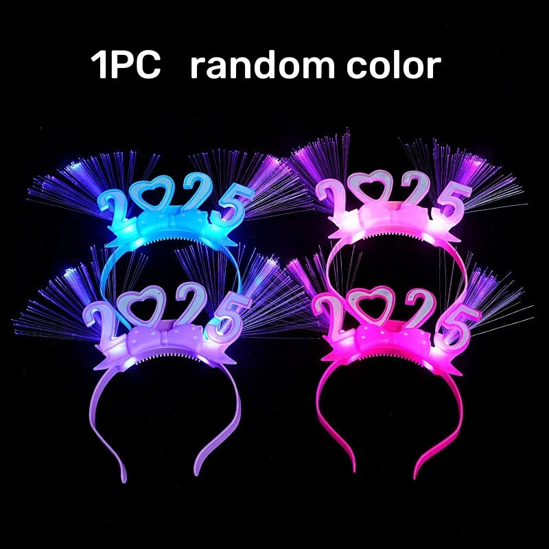 1 diadema con luz LED para Año Nuevo 2025, lazo, corona, aro para el pelo, banda para el pelo intermitente, accesorios para fotos para fiestas de Nochevieja de Navidad