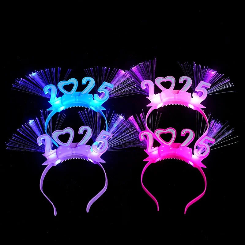 1 diadema con luz LED para Año Nuevo 2025, lazo, corona, aro para el pelo, banda para el pelo intermitente, accesorios para fotos para fiestas de Nochevieja de Navidad