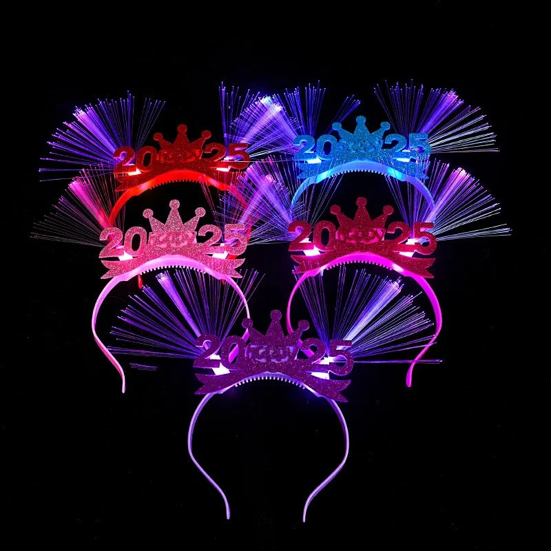 1 diadema con luz LED para Año Nuevo 2025, lazo, corona, aro para el pelo, banda para el pelo intermitente, accesorios para fotos para fiestas de Nochevieja de Navidad