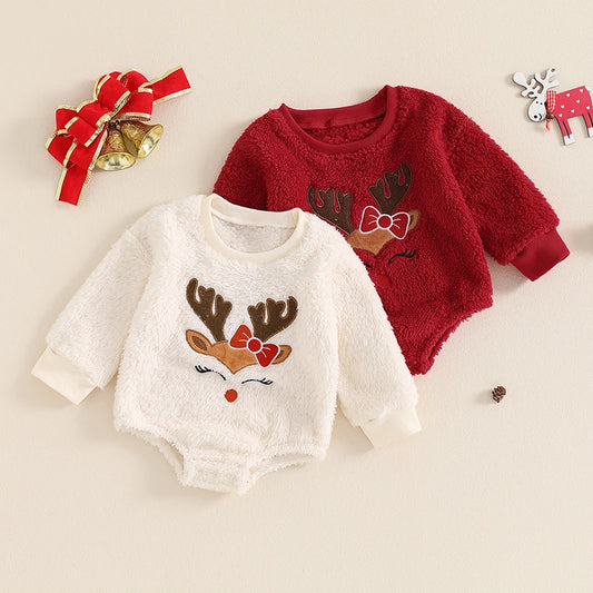 Baby Girl Winter Fleece Jumpsuit Elk Embroidered Round Neck Long Sleeve Romper Able Bodysuits