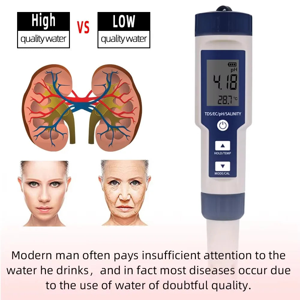 5 IN 1 PH, Temperature, TDS, EC, Salinity Testing Digital Waterproof Meter With Automatic Calibration Function