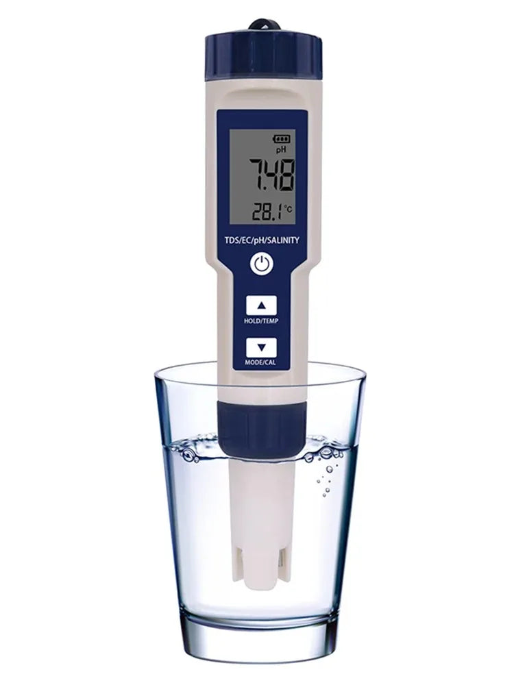 5 IN 1 PH, Temperature, TDS, EC, Salinity Testing Digital Waterproof Meter With Automatic Calibration Function